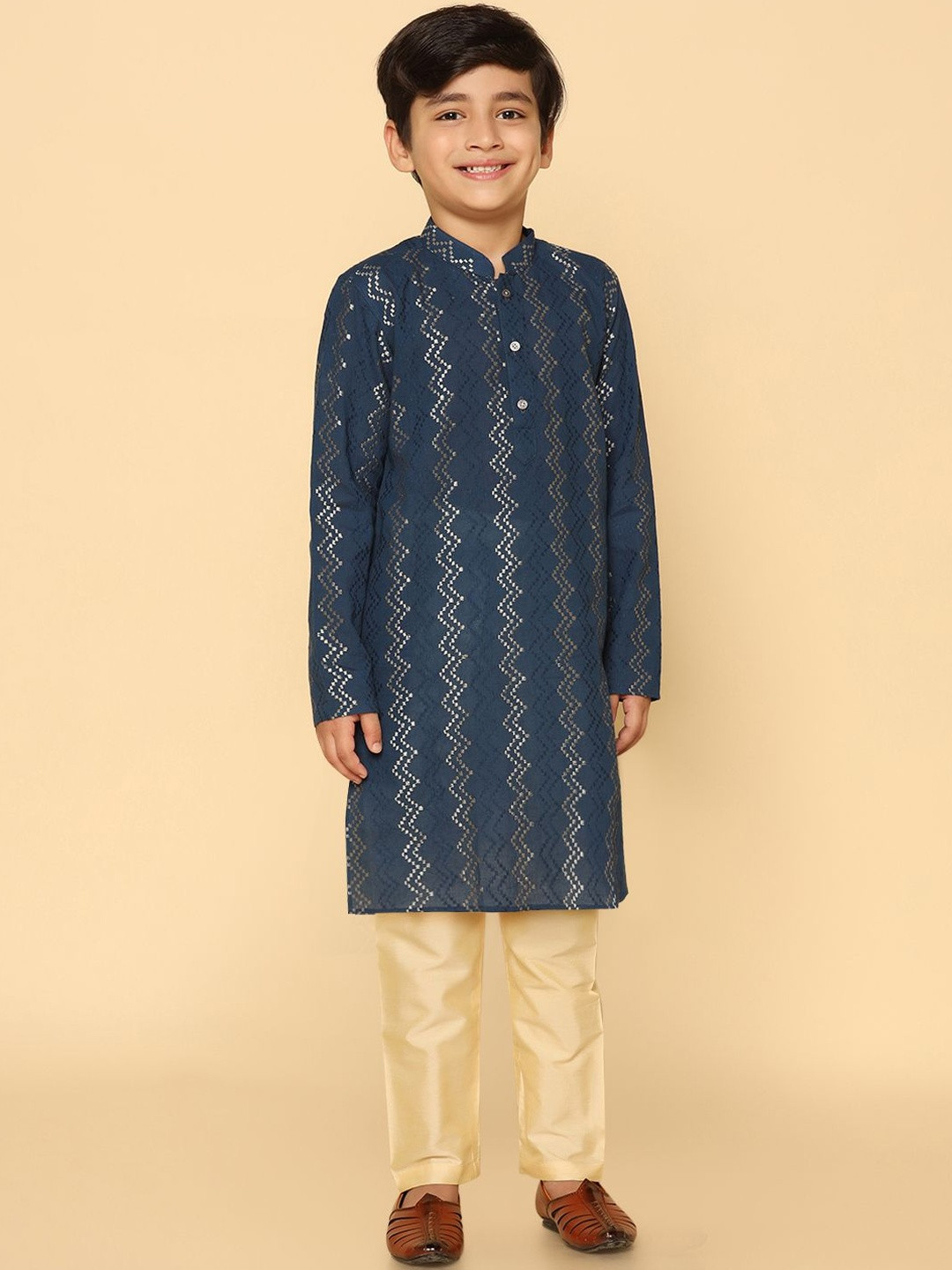 KISAH Boys Navy Blue Embroidered Kurta Pyjama Set