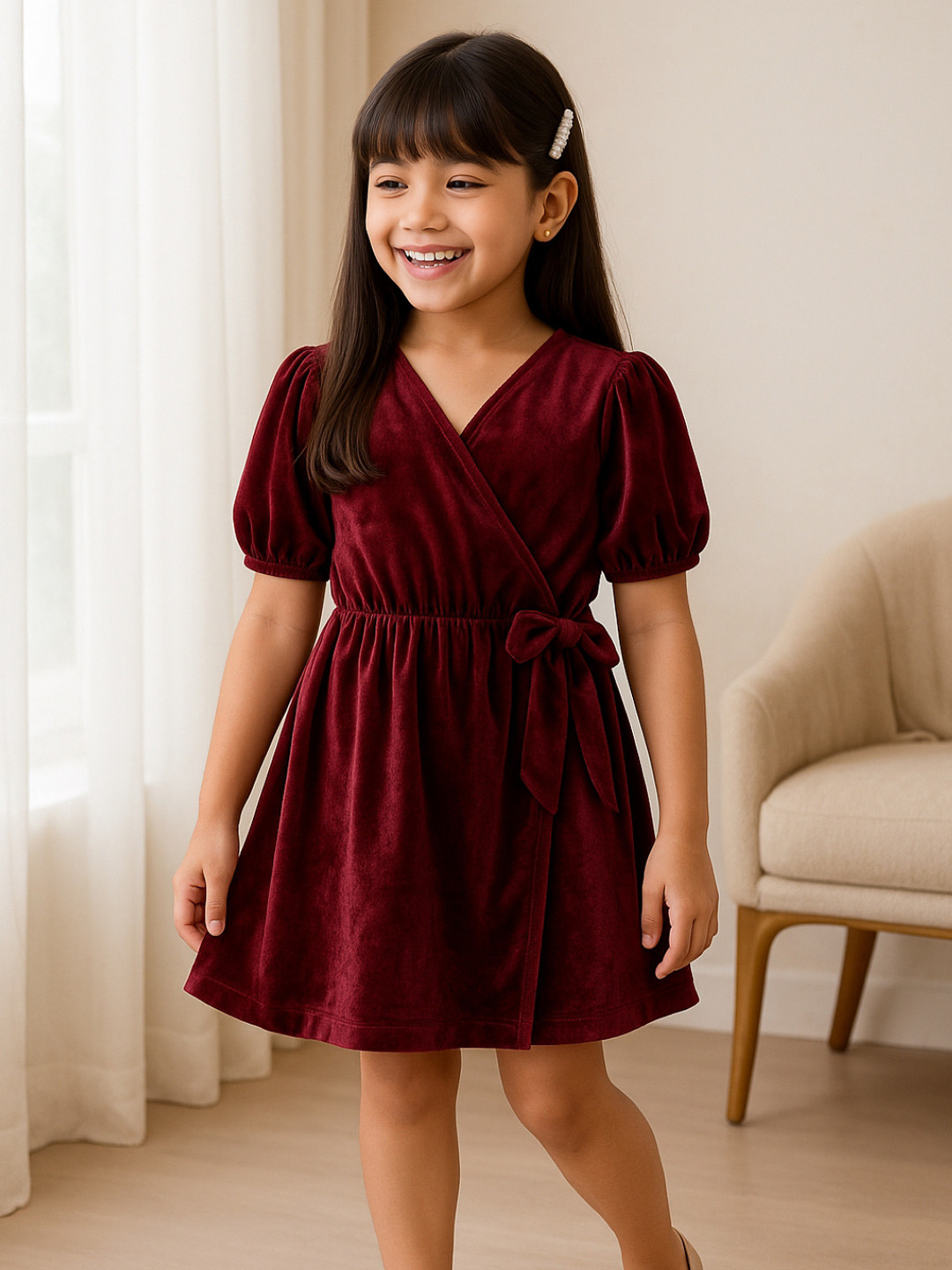 TALES & STORIES Girls Solid Puff Sleeve Gathered or Pleated Knee Length WrapDress