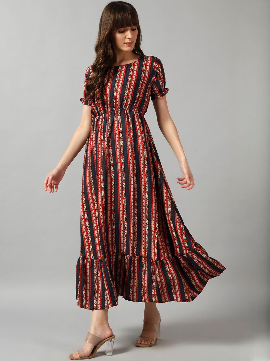 Jash Creation Women Printed Round Neck Tiered Fit-Flare Dress