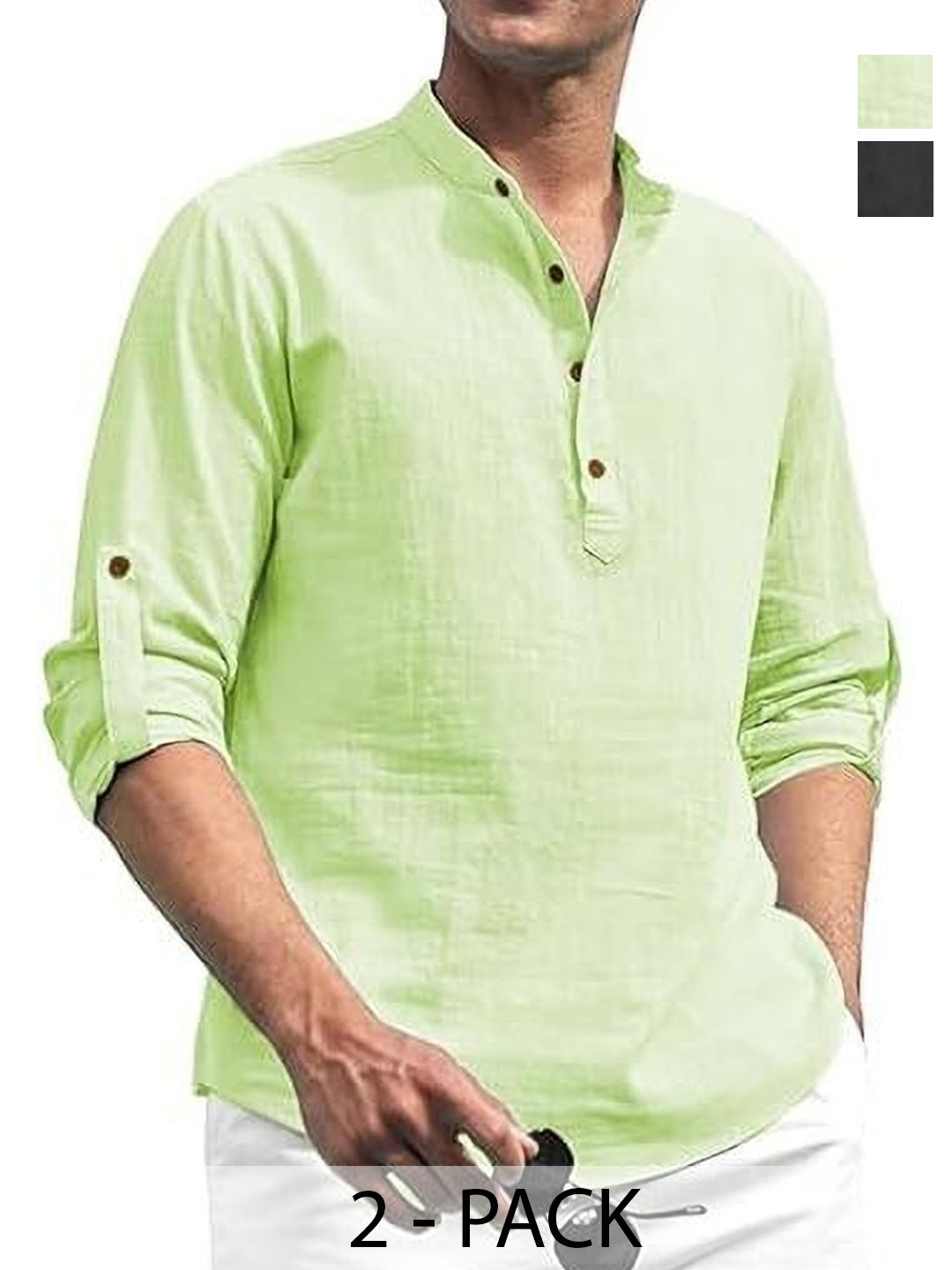 AMRIT TOP WEAR Pack Of 2 Mandarin Collar Roll Up Sleeves Cotton Straight Kurtas