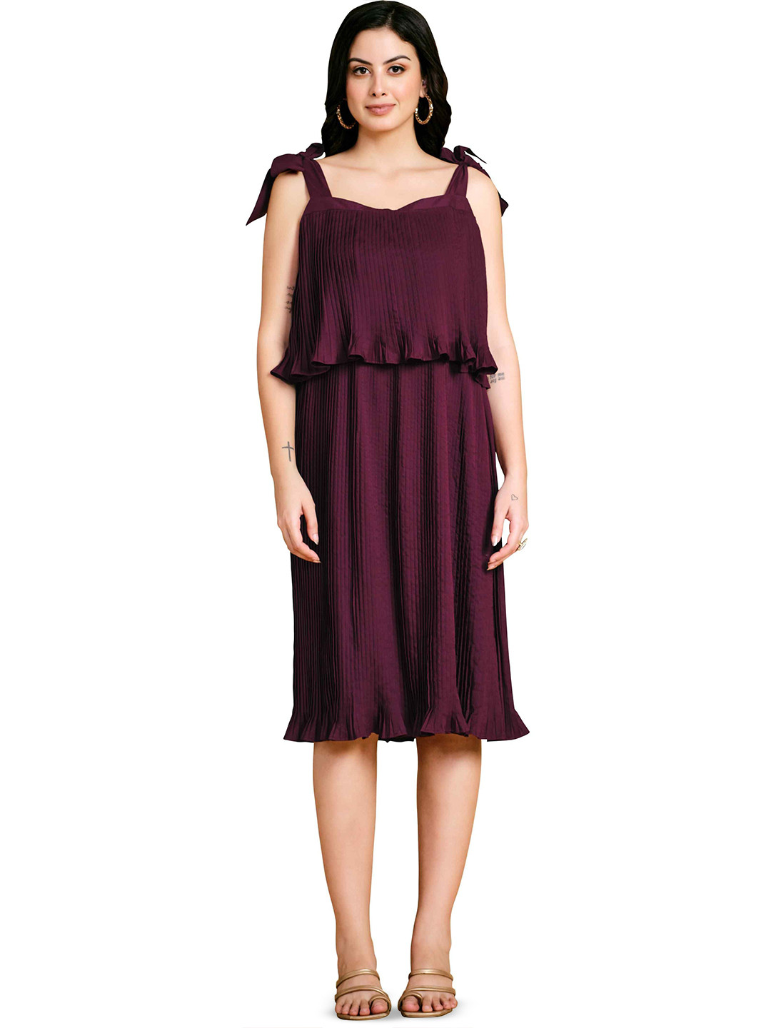 Glomee Shoulder Straps Gathered Or Pleated Casual Fit & Flare Midi Dress