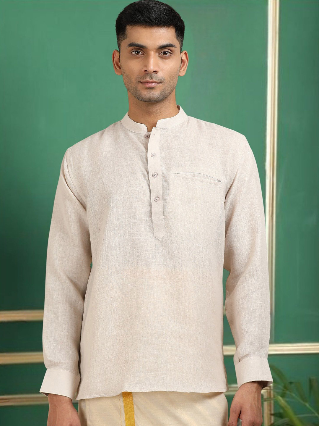 TATTVA Mandarin Collar Linen Straight Kurta