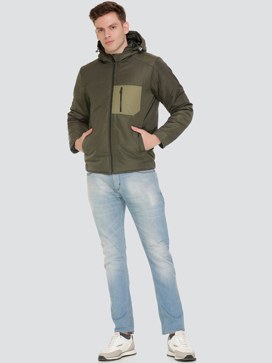 HONNETE Men Olive Green Colourblocked Lightweight Puffer Jacket with Patchwork