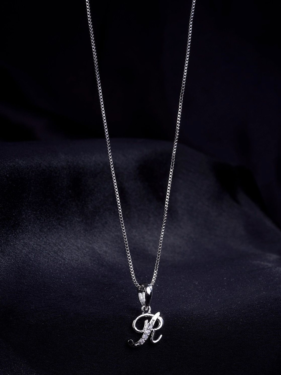 Opal Touch Rhodium-Plated Cubic Zirconia Studded Alphabet R Pendant With Chain