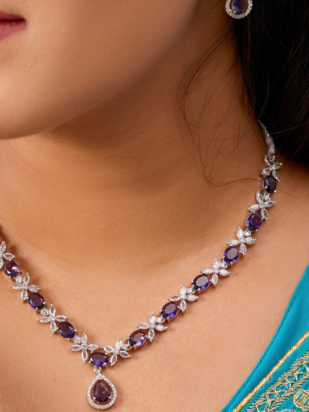 IMITATION BAZAAR Silver-Plated American Diamond Studded Anti-Tarnish Jewellery Set