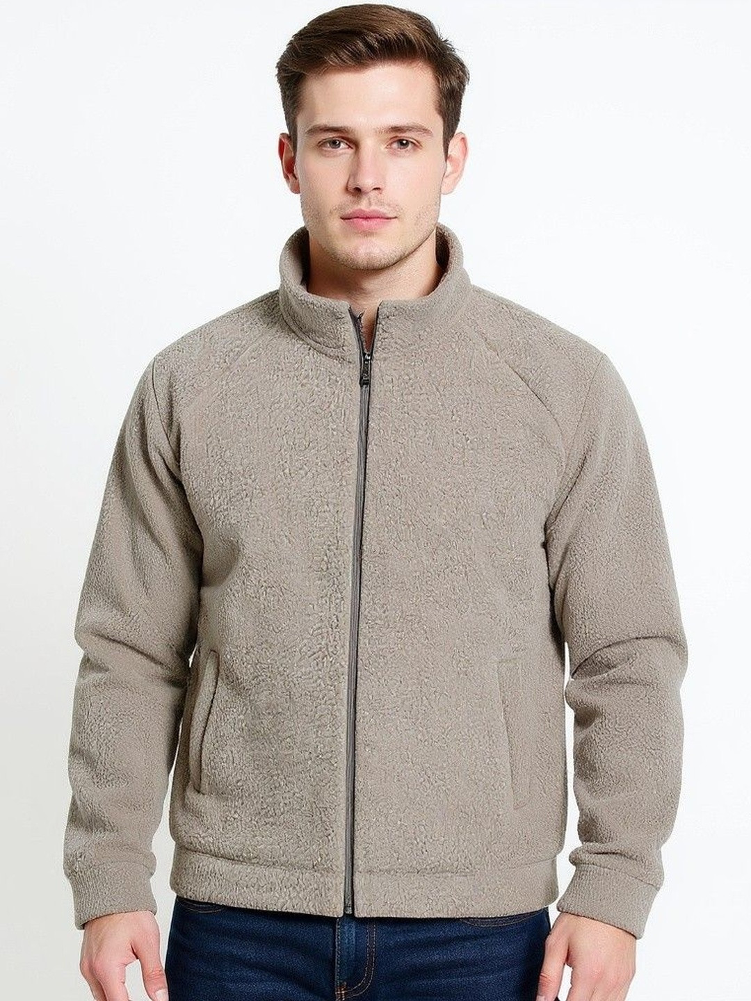 HERE&NOW Men Khaki High Neck Solid Casual Sweatshirt