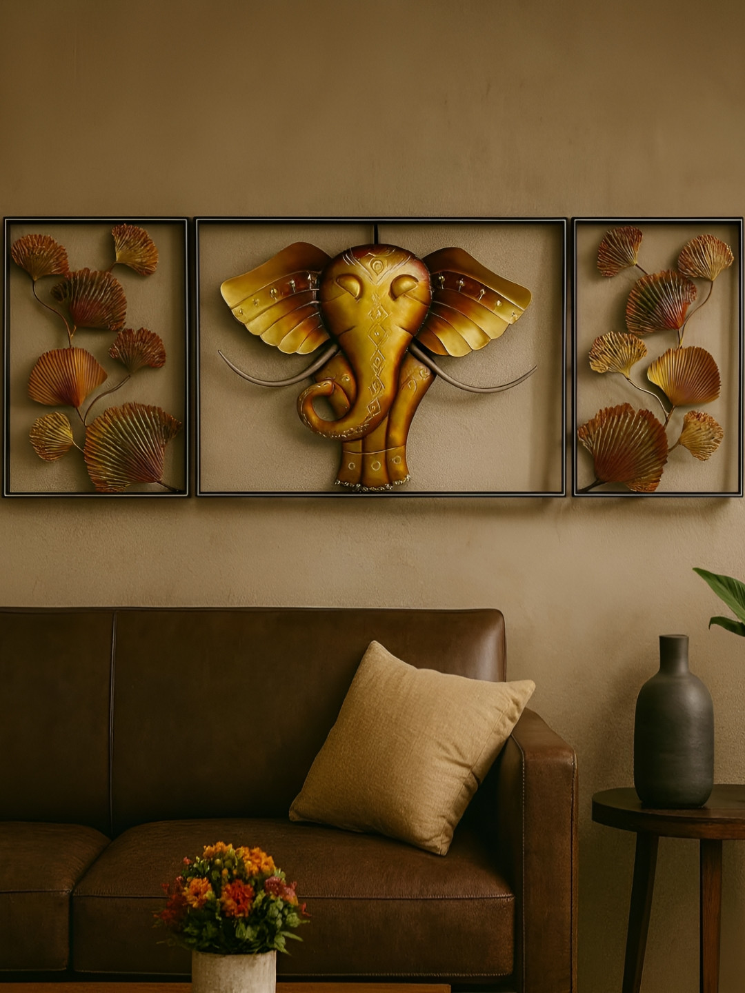 PRANJALS HOUSE Black & Yellow 3 Pcs Elephant & Leaves Wall Hangings