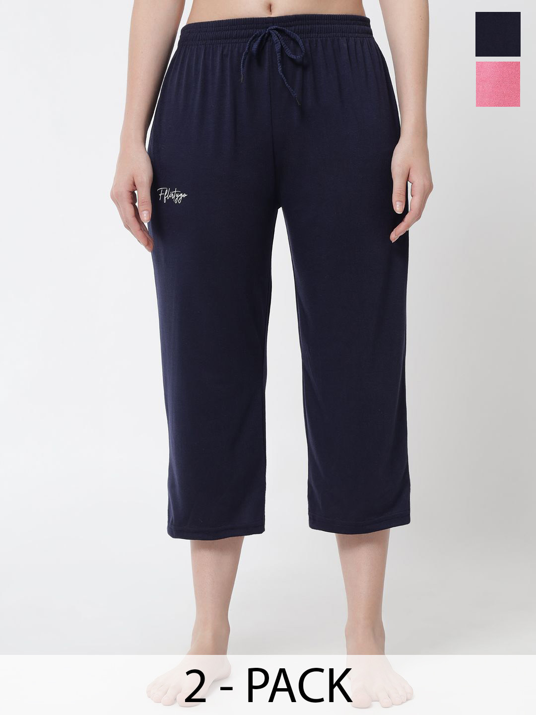 FFLIRTYGO Women Pack Of 2 Cotton Drawstring Calf Length Mid-Rise Lounge Pants