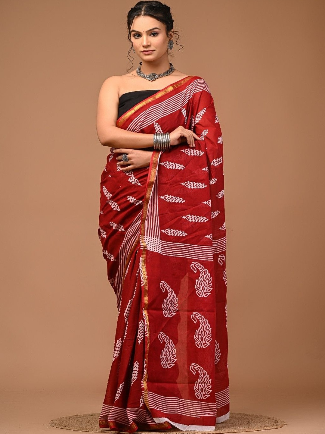 Moda Rapido Paisley Printed Pure Cotton Ikat Saree With Unstitched Blouse Piece