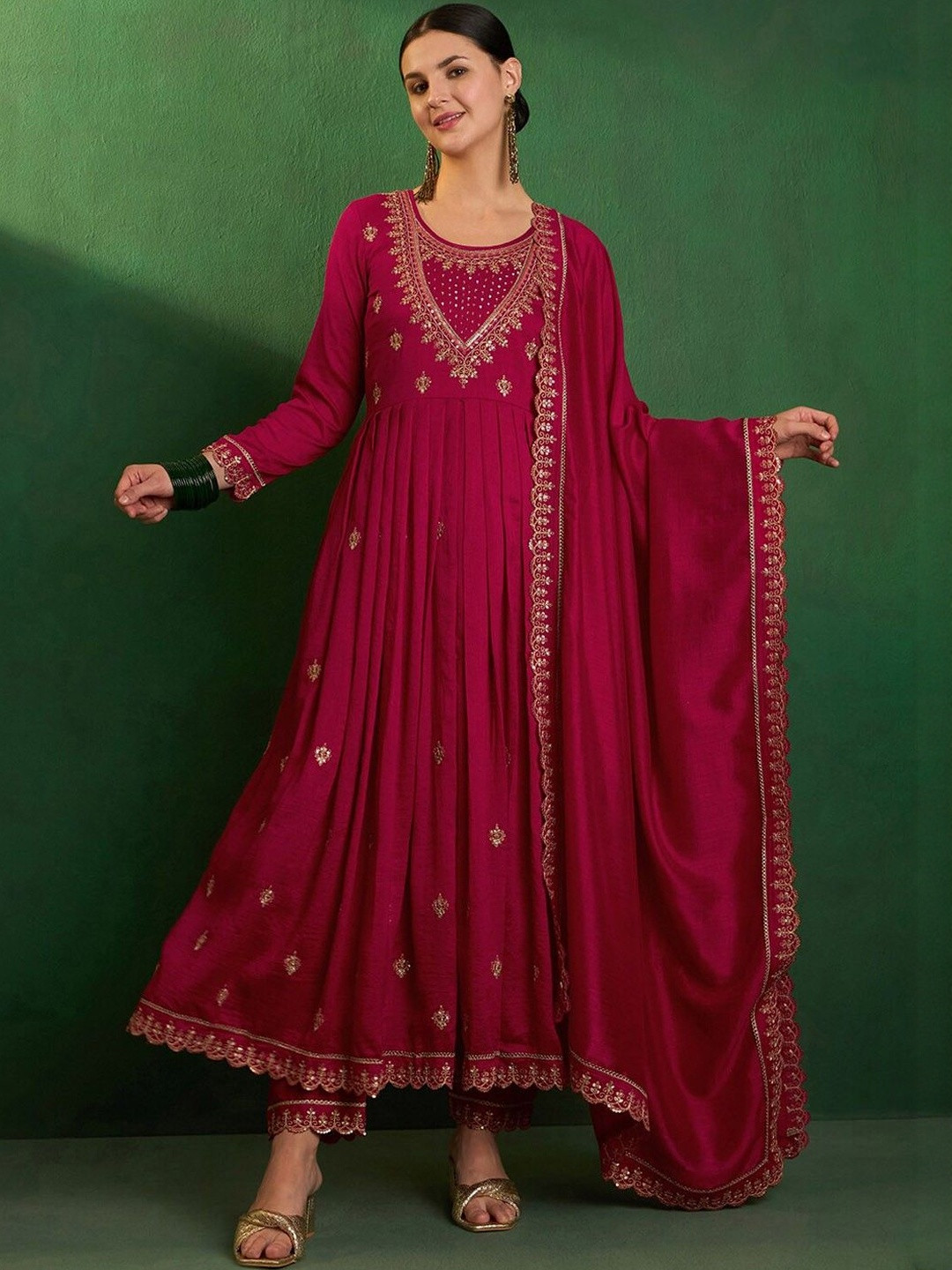 MEHARIKA Ethnic Motifs Embroidered Panelled Tussar Silk Kurta With Trousers & Dupatta