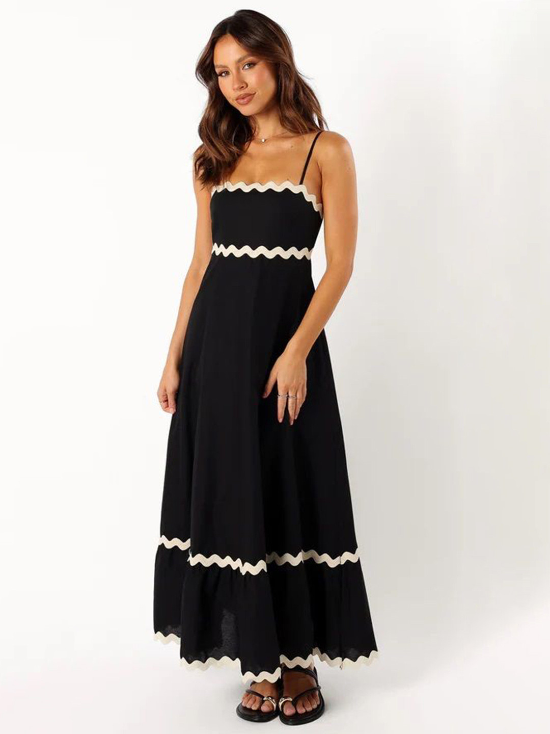 Honky Tonky Women Solid Ruffled Maxi Dress with White Wavy Trim