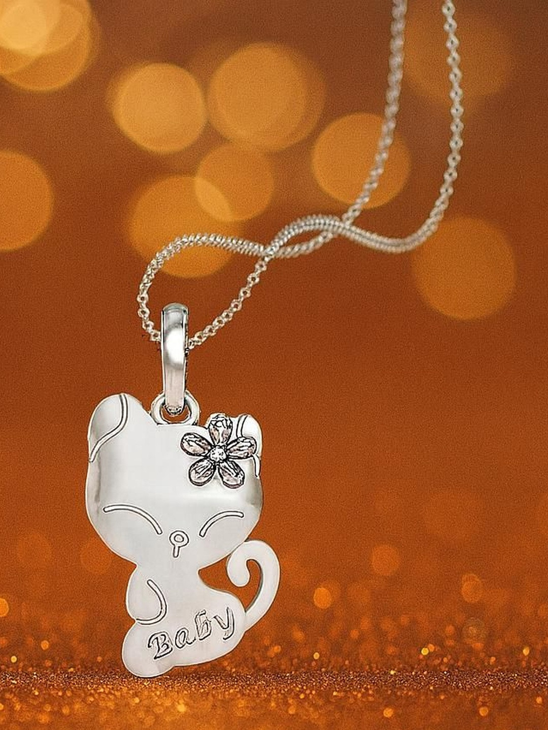 925 SILLER 925 Sterling Silver Rhodium-Plated Cat Shaped Pendant With Chain