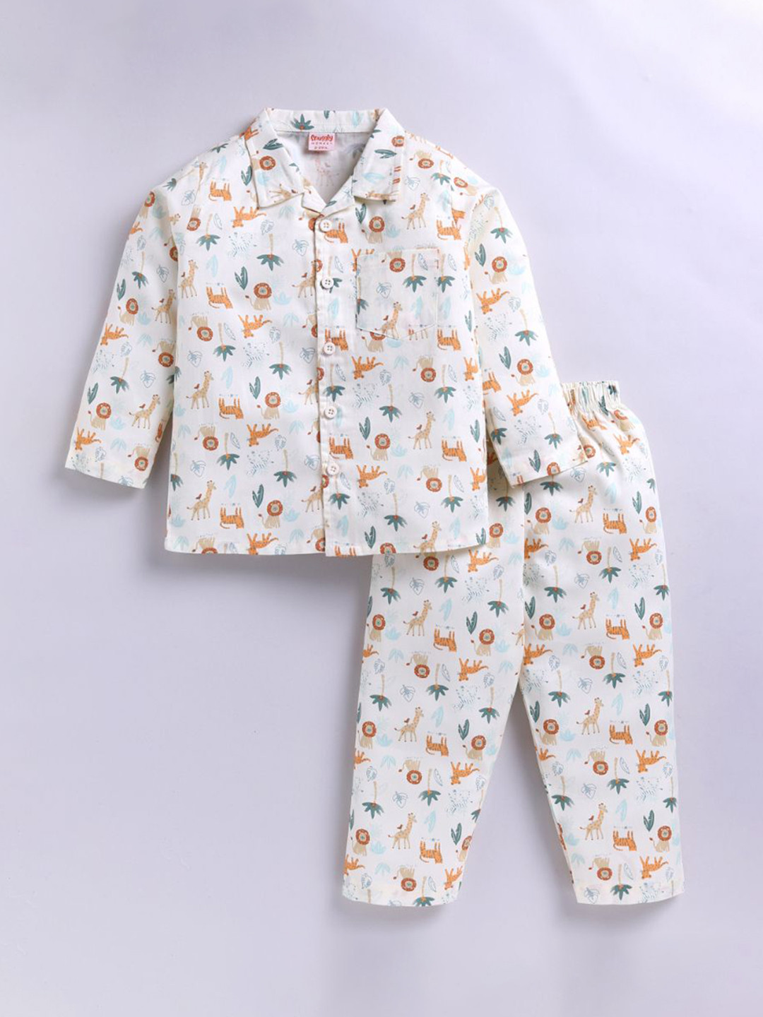 SNUGGLY MONKEY Kids Printed Shirt Collar Long Sleeves Night suit