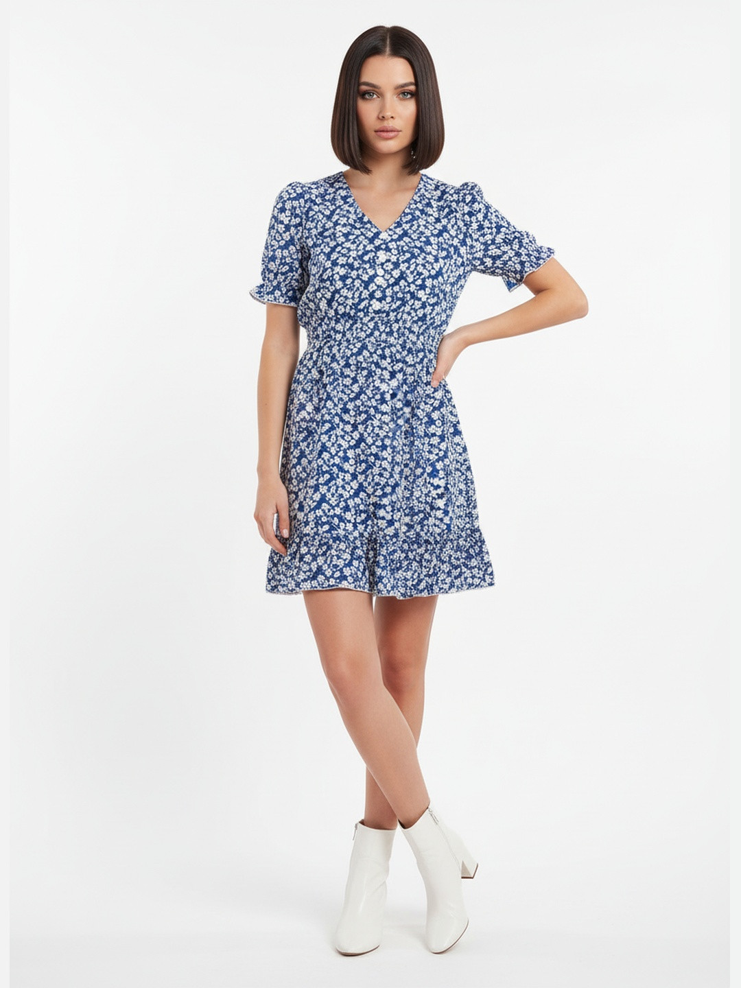 DressBerry Floral Print Smocked Puff Sleeves A-Line Mini Dress with Buttons