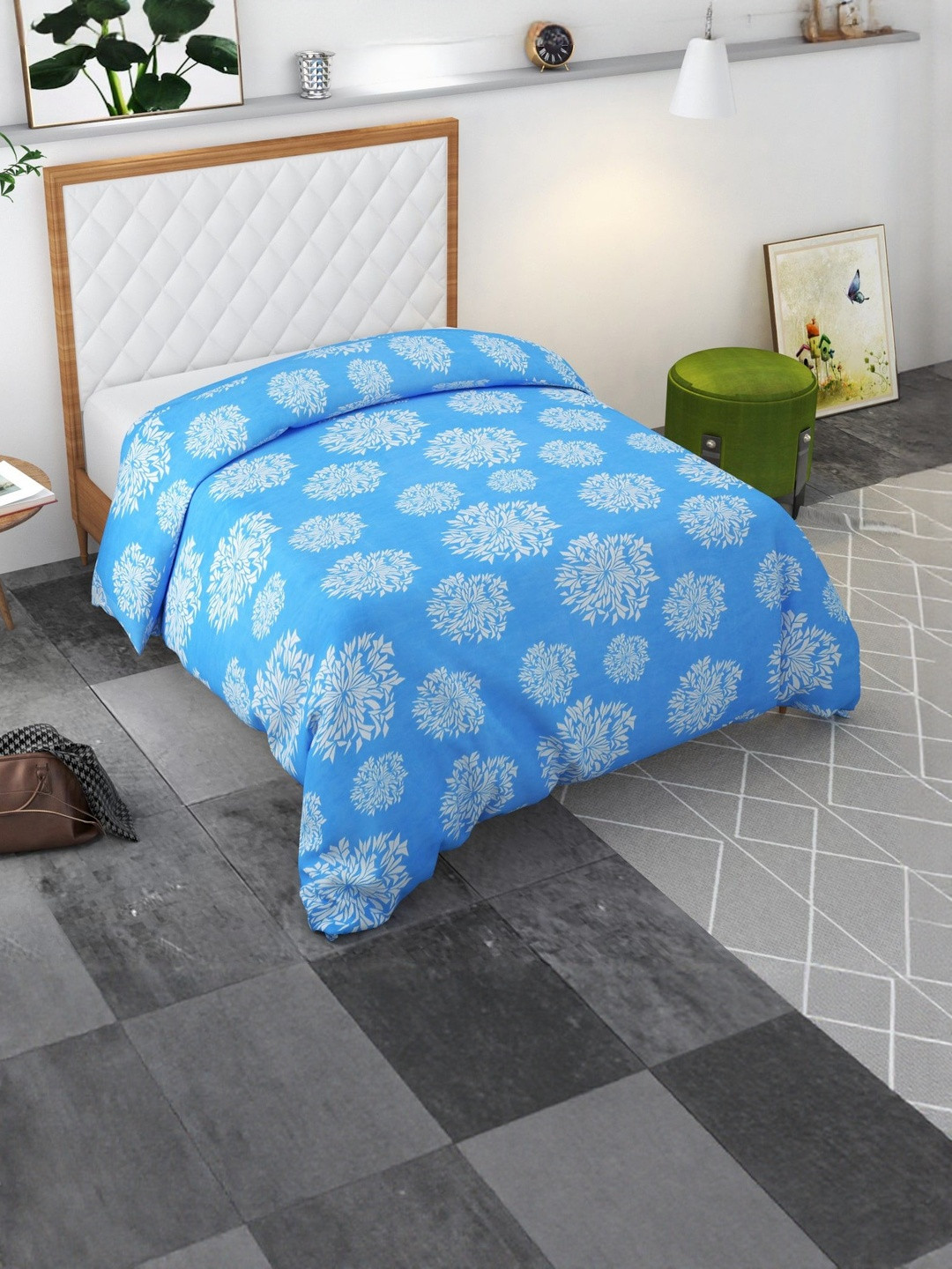 TINDLER KNOTS Blue & white Floral 140 GSM Soft Cotton Single bed Quilt Cover