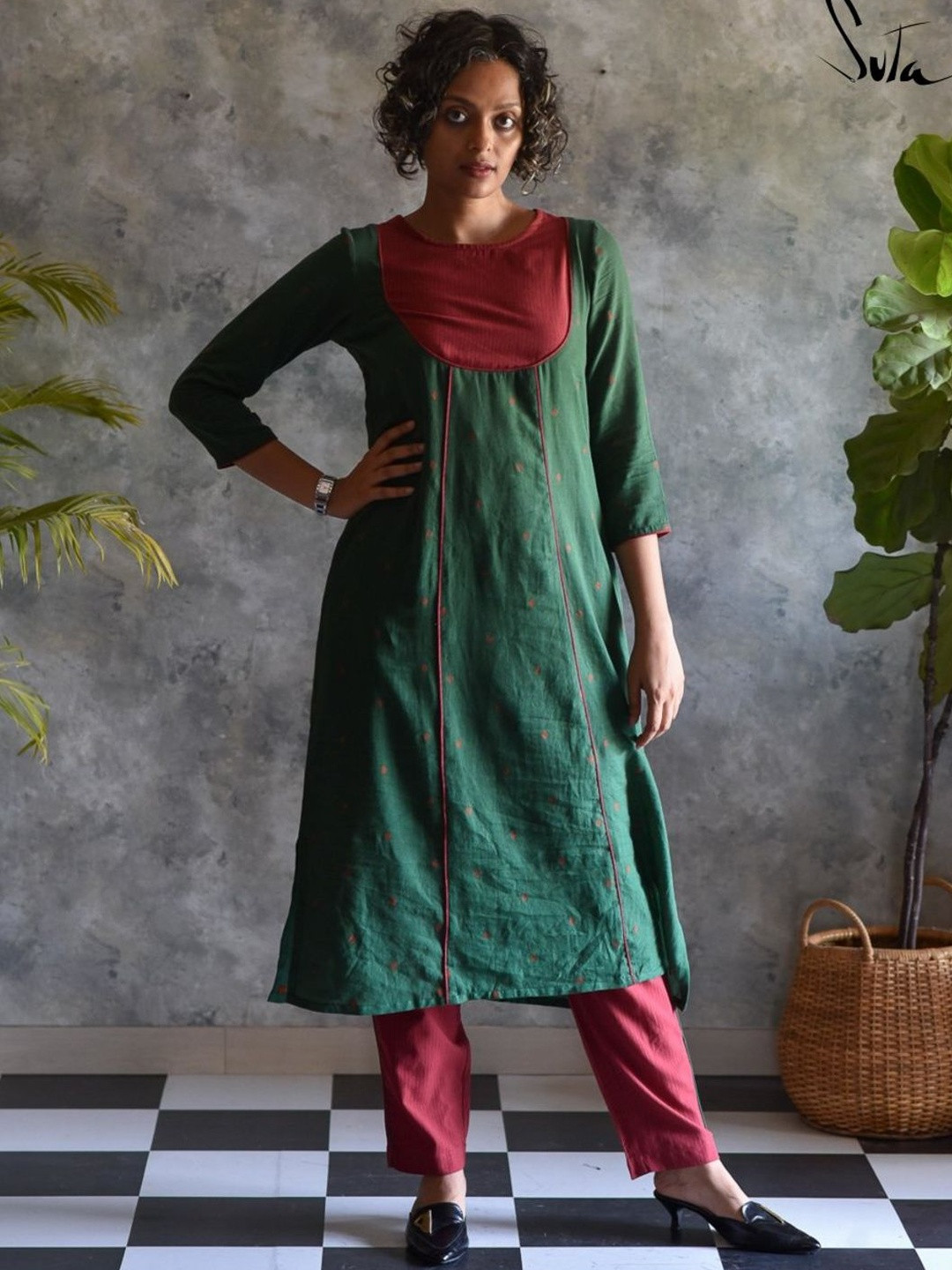Suta Women Printed Panelled Pure Cotton Kurta with Trousers