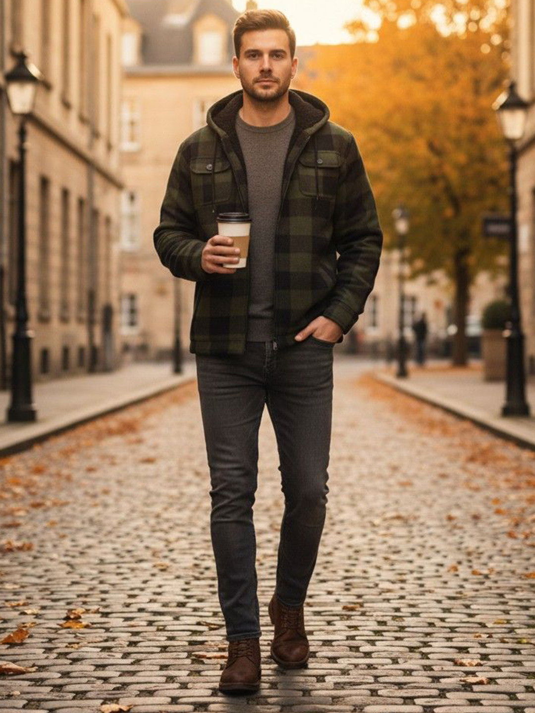 Mast & Harbour Checked Hooded Long Sleeves  Woollen Parka Jacket