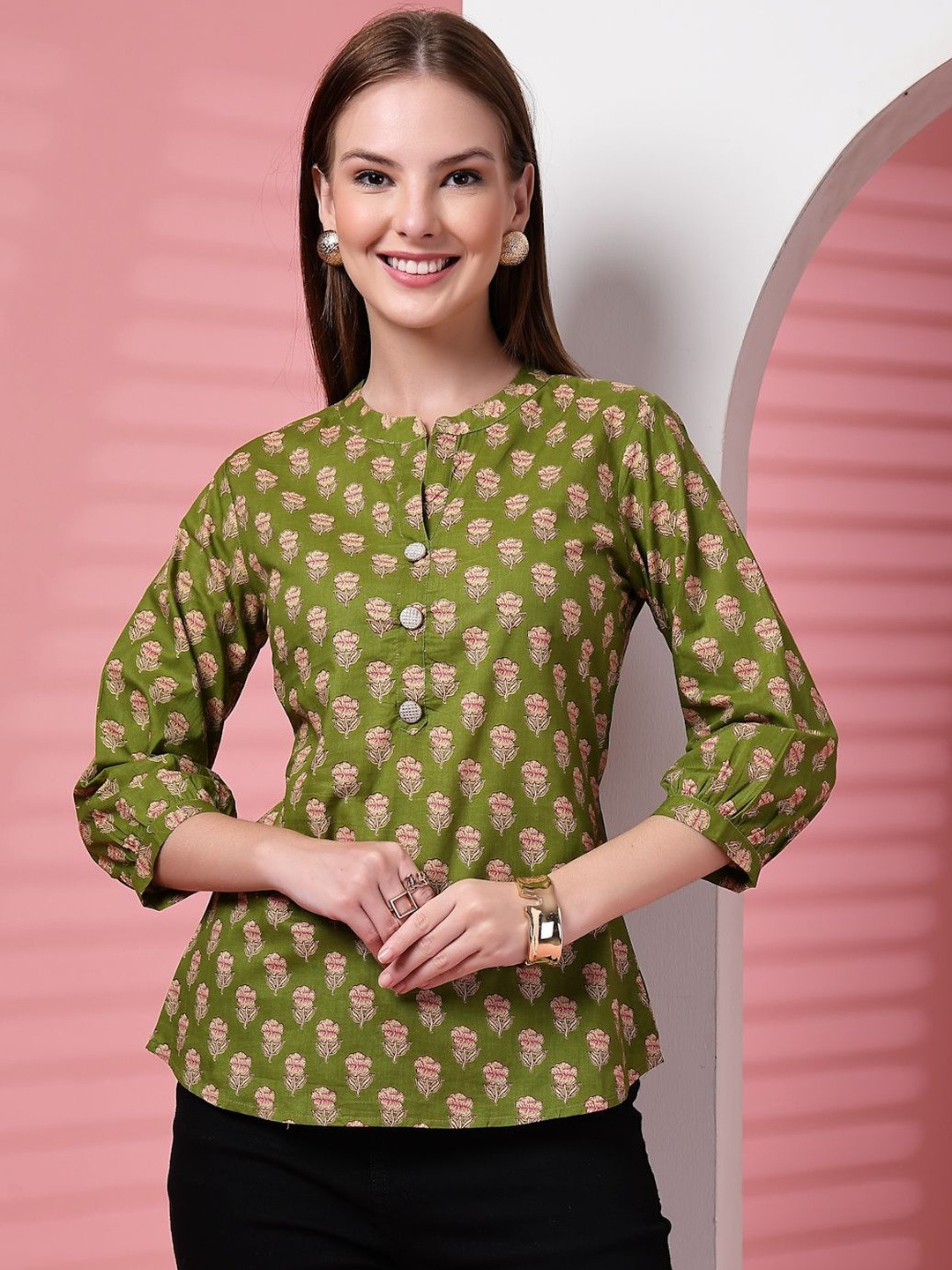 RANGEELO JAIPUR Women Ethnic Printed Mandarin Collar A-Line Top