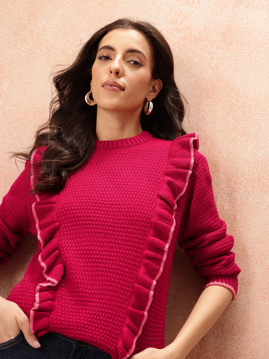 all about you Cable Knit Ruffled Detail Acrylic Pullover