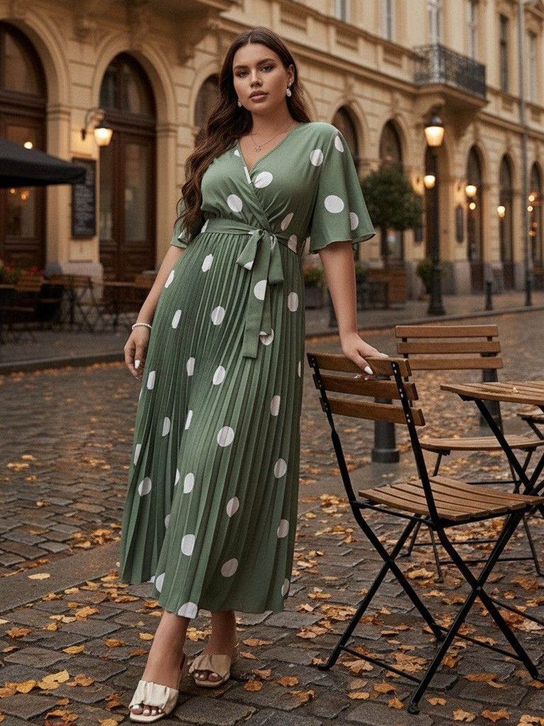 DressBerry Curve Polka Dots Printed V-Neck Flared Sleeves Midi Dress