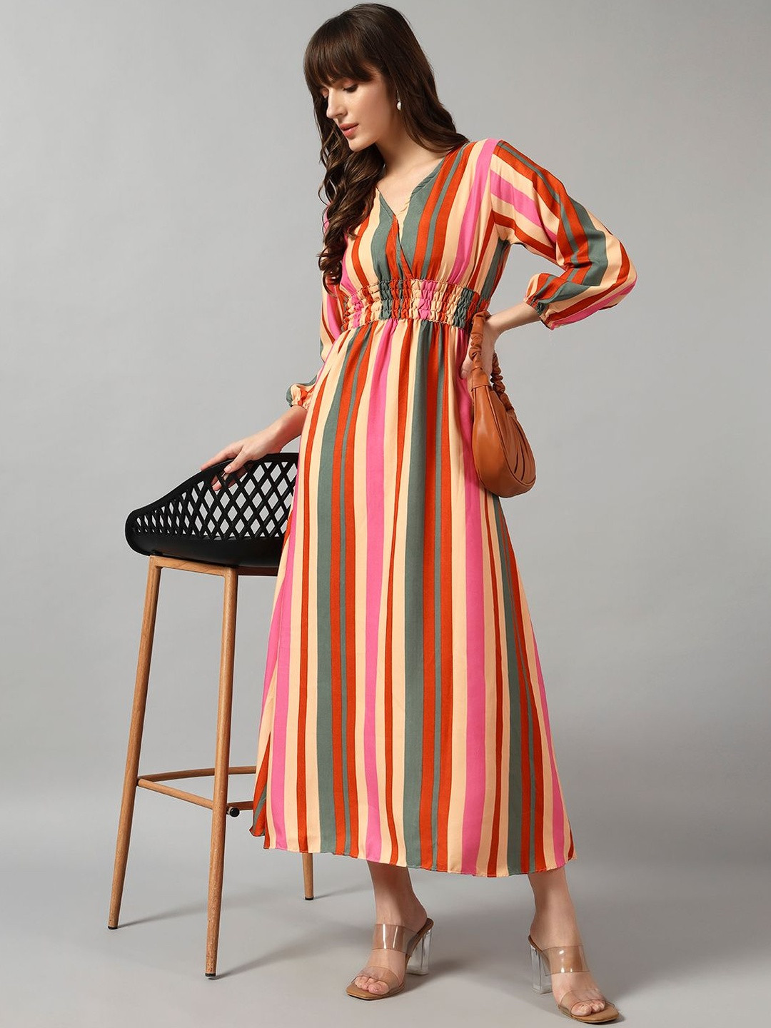 Jash Creation Women Multicolored Striped V- Neck Maxi Dress