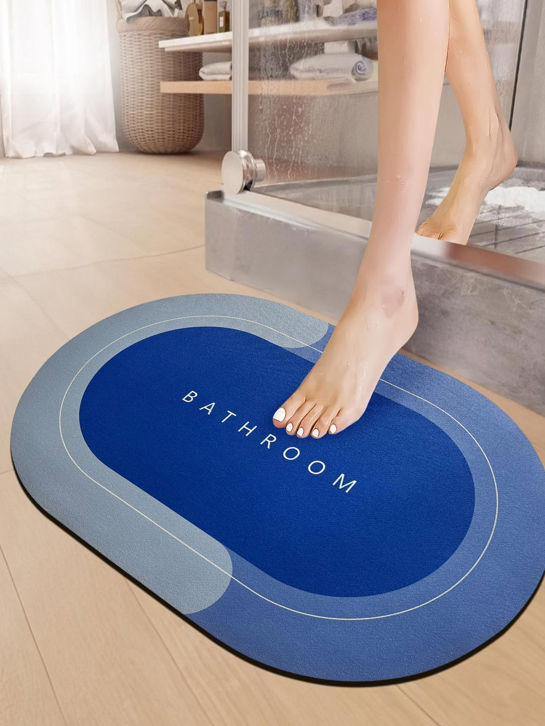 Sittella Turquoise Blue & Grey Colourblocked Anti-Skid & Water Absorbent GSM 110 Bath Rug