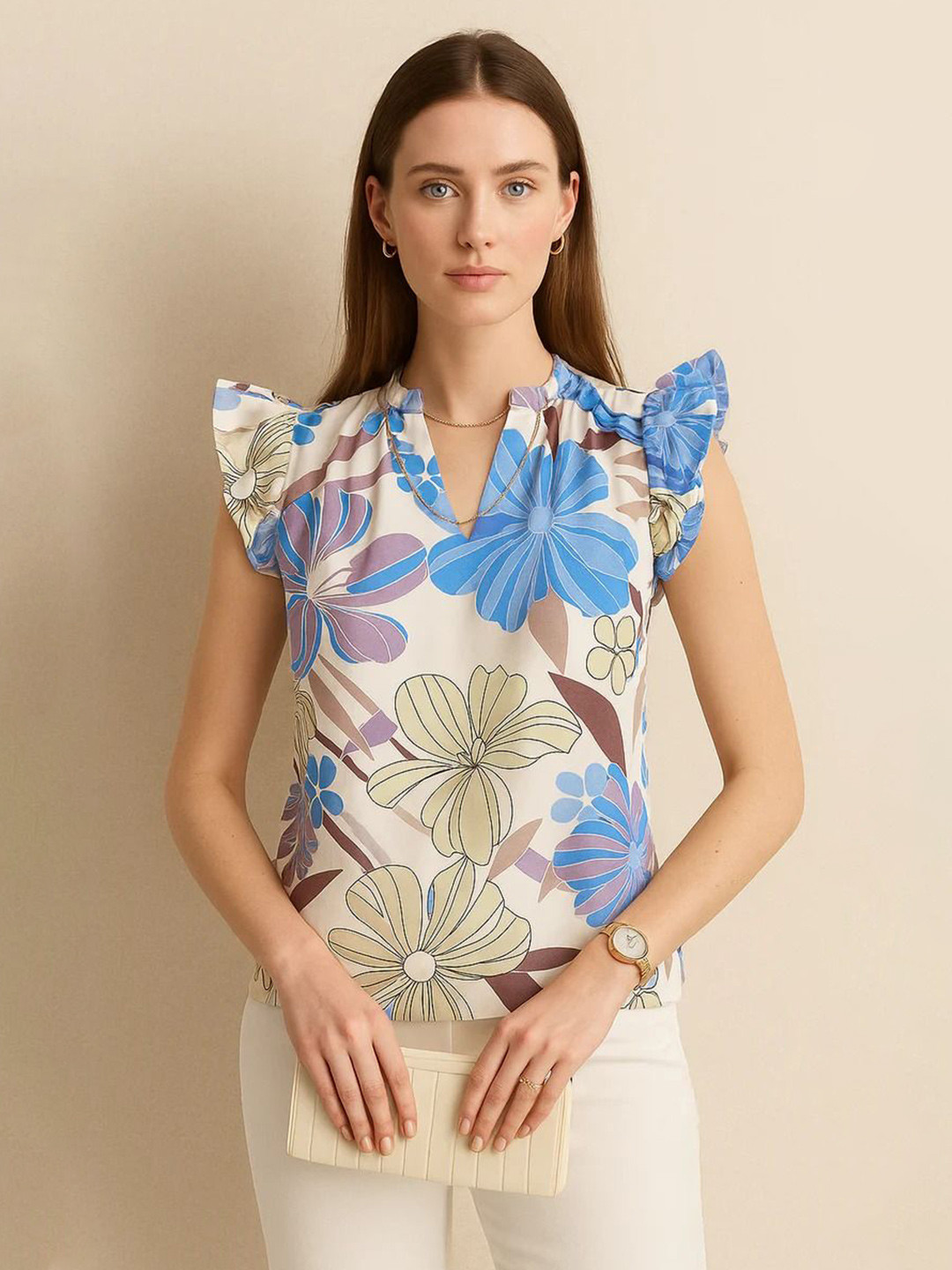 Mast & Harbour Women Multicolor Floral Printed Sleeveless Ruffle Shoulder Top
