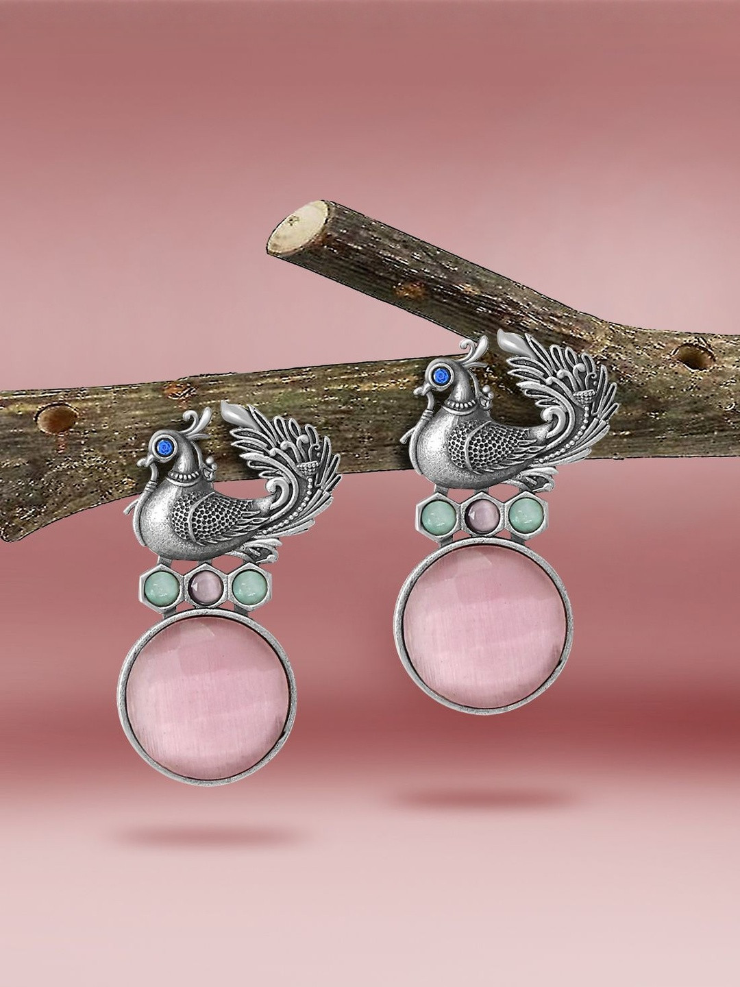 Joy of Jewels Women Artificial Stones Oxidised Peacock Drop Earrings