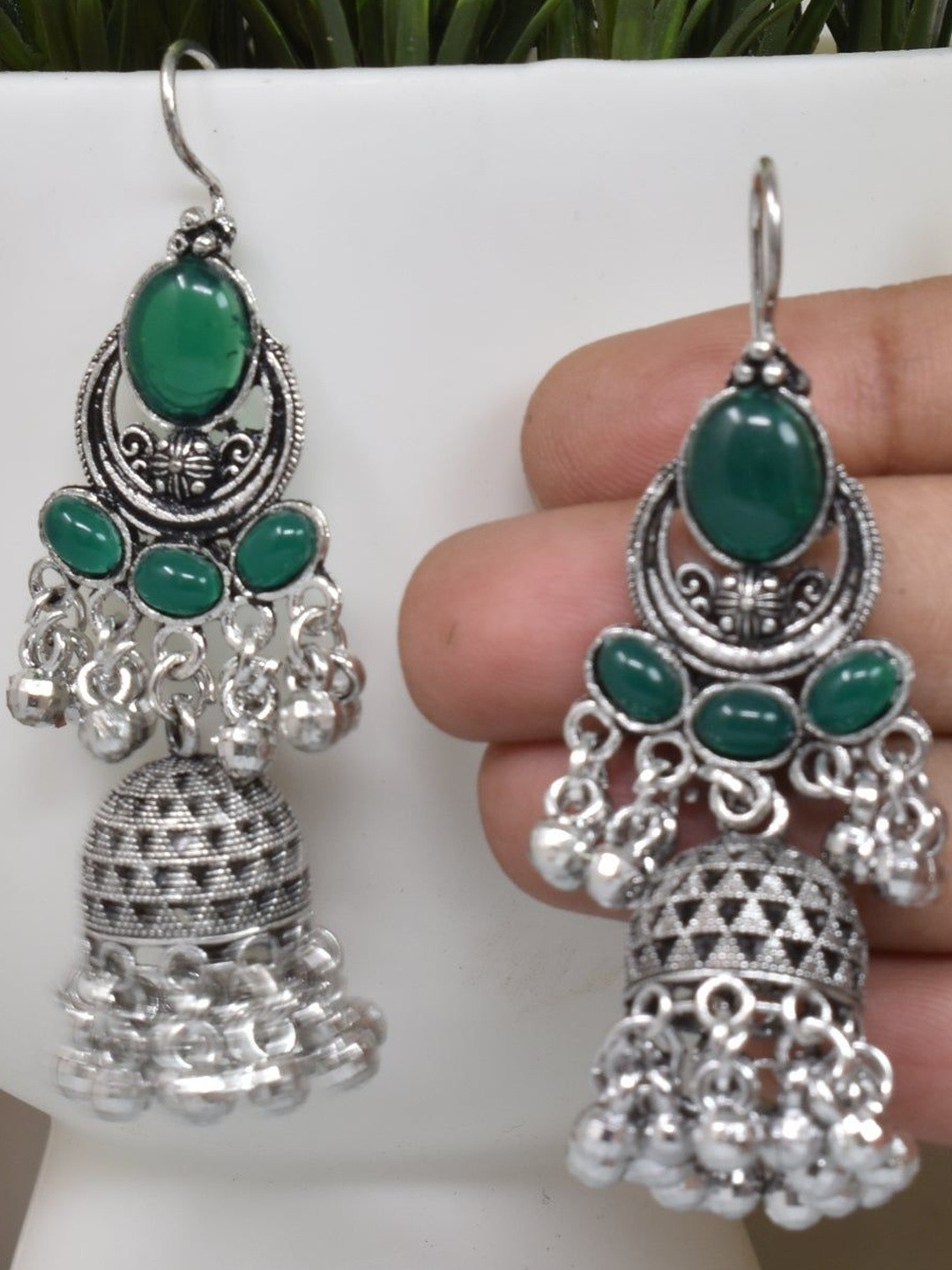 MEIRA JEWELLERY Set Of 2 German Silver-Plated Emerald Studded Dome Shaped Jhumkas