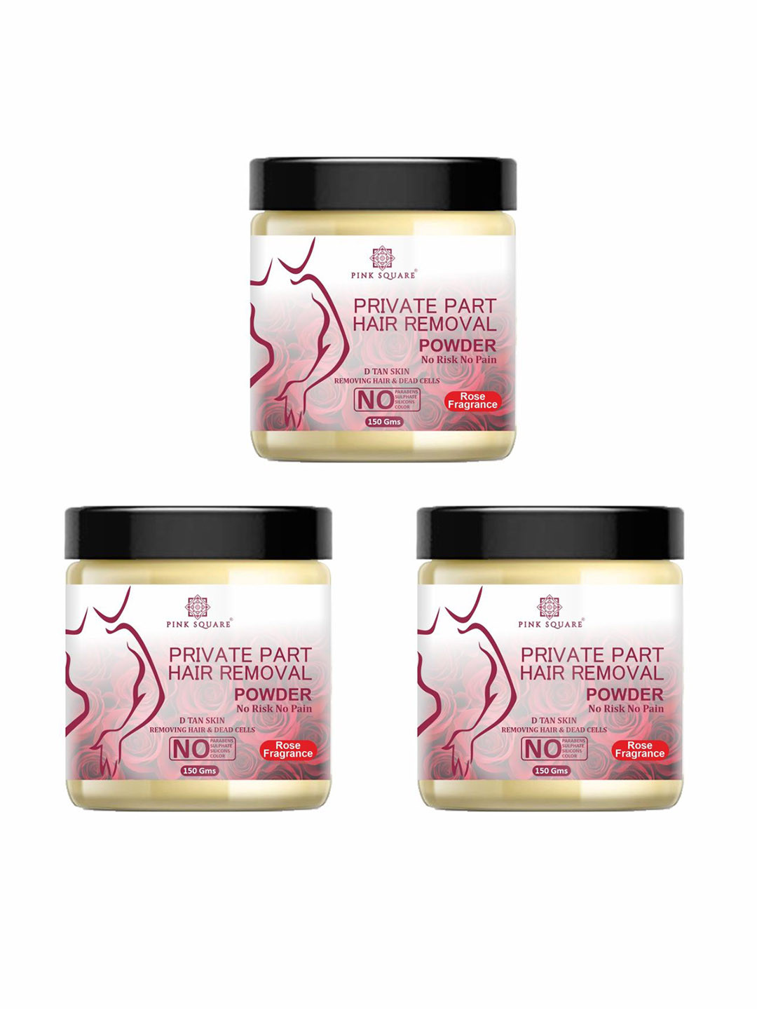 Pink Square Set Of 3 Rose Flavour Bikini Hair Removal Powder - 150 g Each