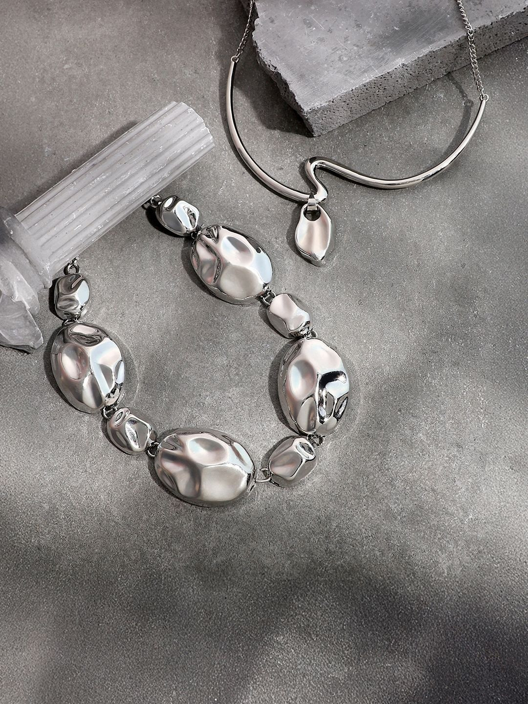 SOHI Set Of 2 Silver-Plated Dented-Shell Statement Necklaces