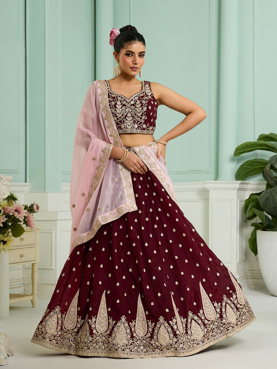 panchhi Embroidered Organza Sequins Semi-Stitched Lehenga & Unstitched Blouse With Dupatta
