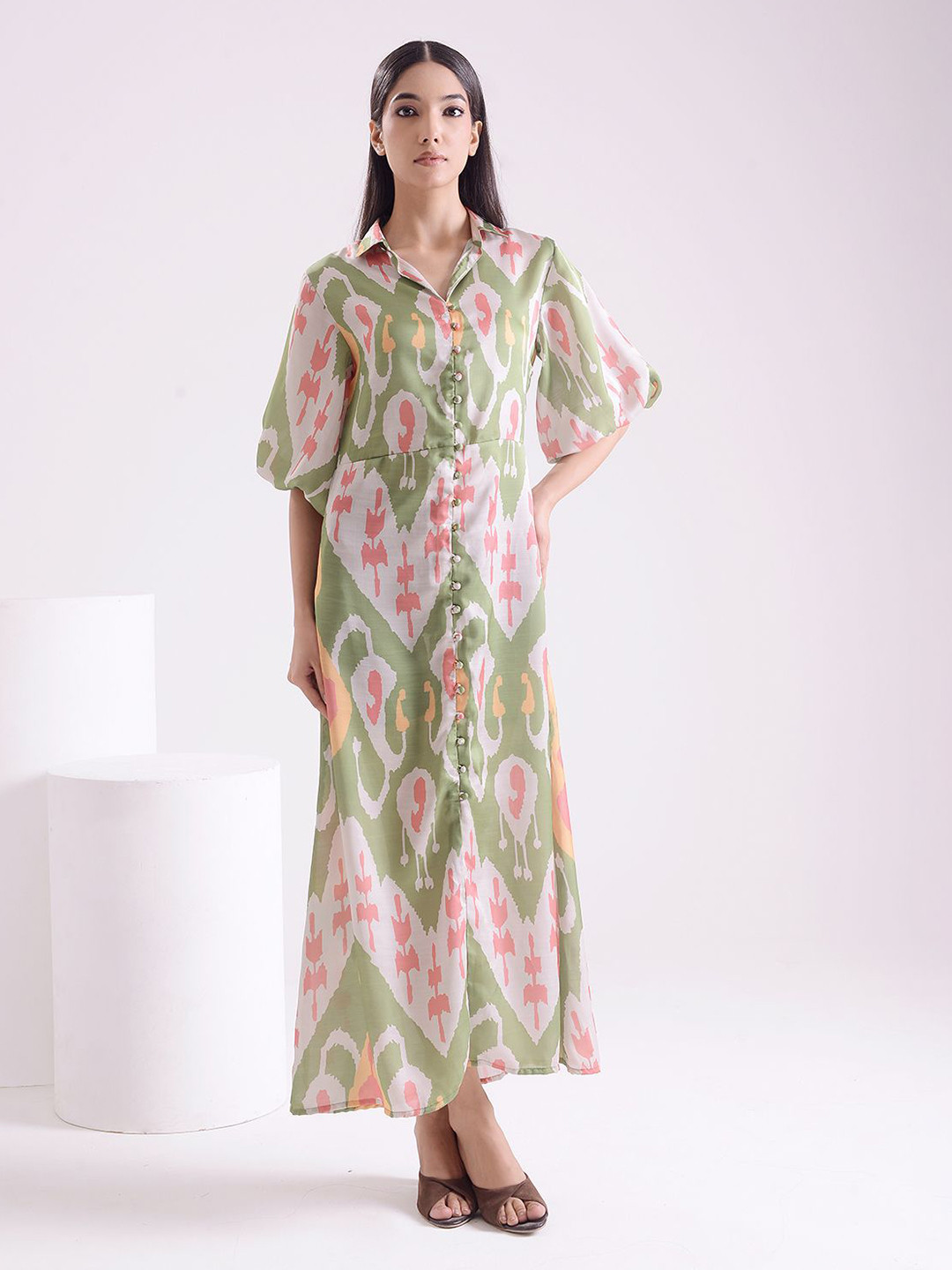 House of Kaftan Abstract Printed Puff Sleeves Linen Shirt Maxi Dress