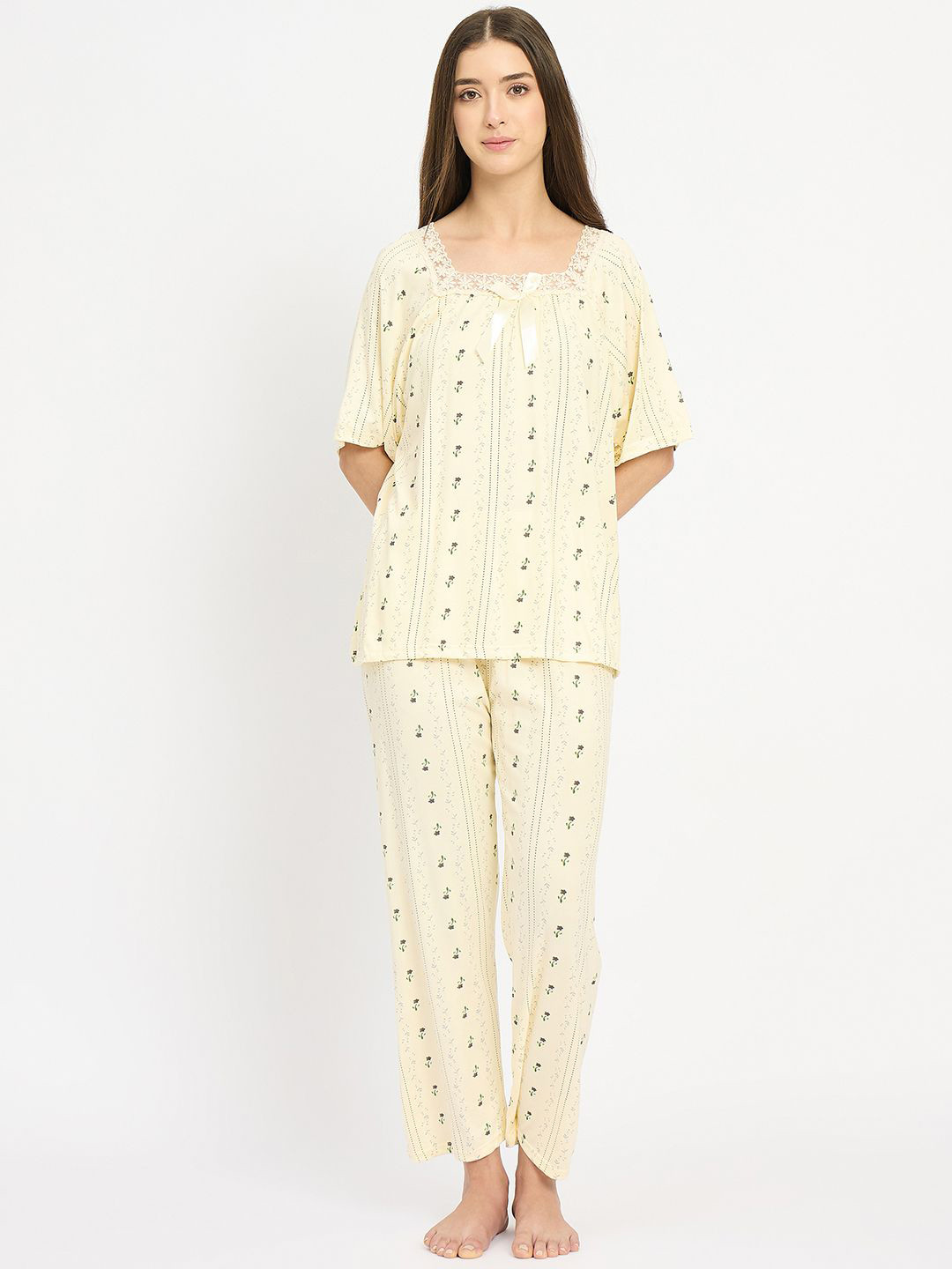 Camey Printed Square Neck Short Sleeves Top With Pyjamas