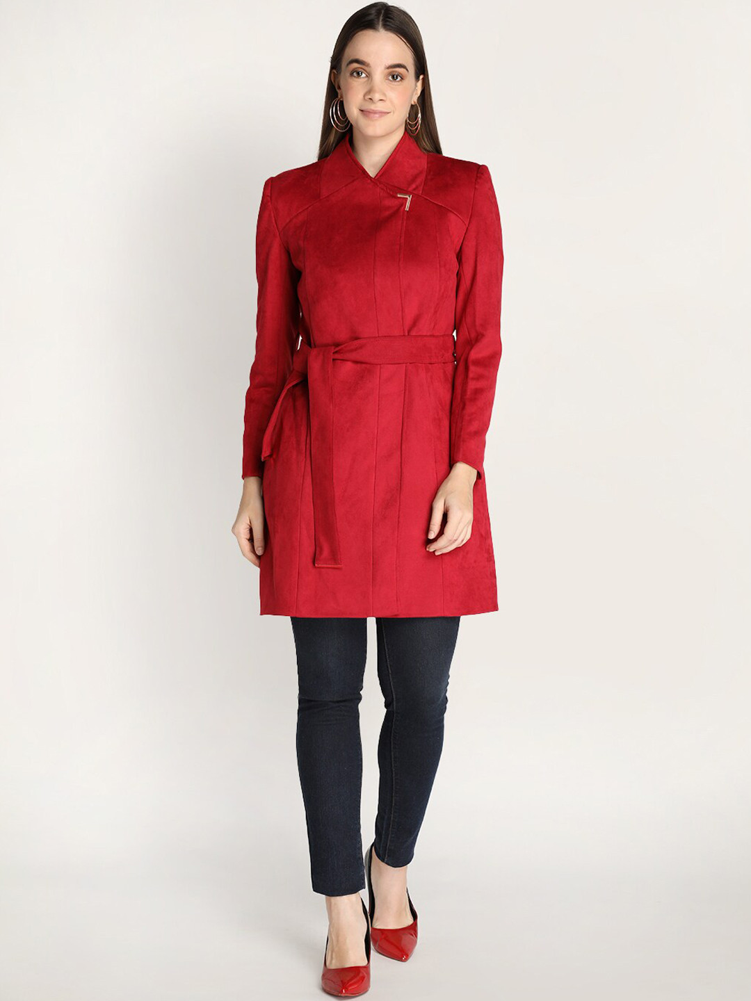 HONNETE Women Maroon Solid Trench Coats