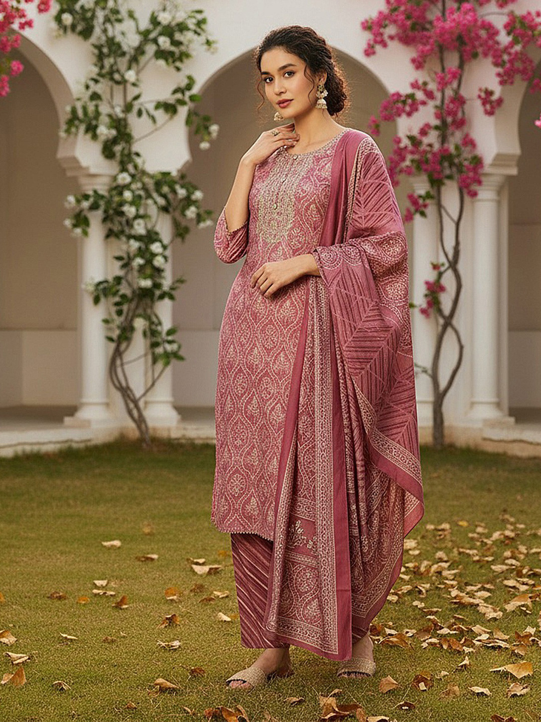 AHIKA Pink Bandhani Printed Yoke Design Zari Work Kurta With Trousers & Dupatta