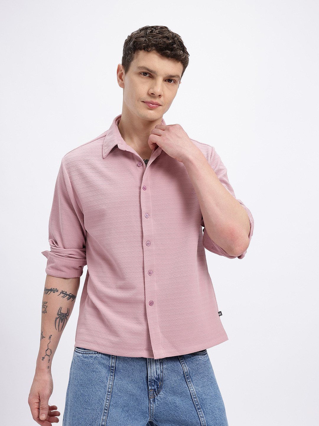 glitchez Horizontal Self Striped Regular Fit Casual Shirt