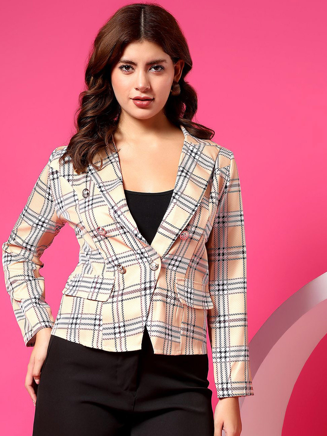 POPCULTR Checked Notched Lapel Long Sleeves Double-Breasted Casual Blazers