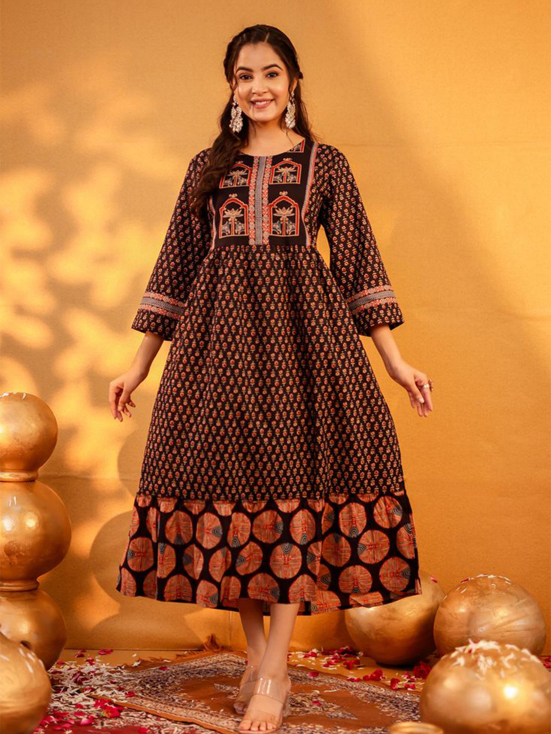 VASVI Women Ajrak Print Cotton  A-Line Midi Dress