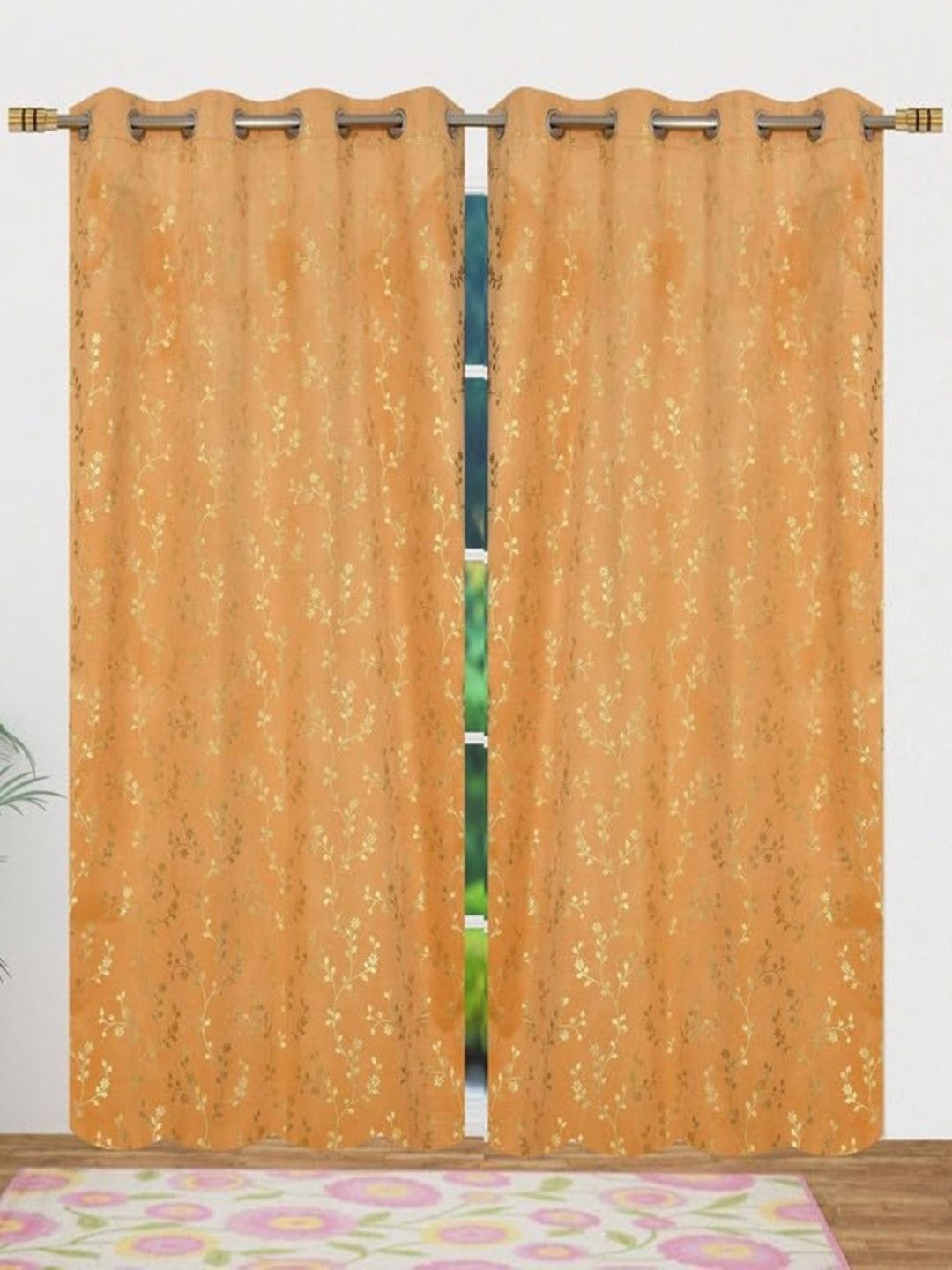Kiara Creations Yellow & Gold-Toned 2 Pieces Room Darkening Velvet Long Door Curtain