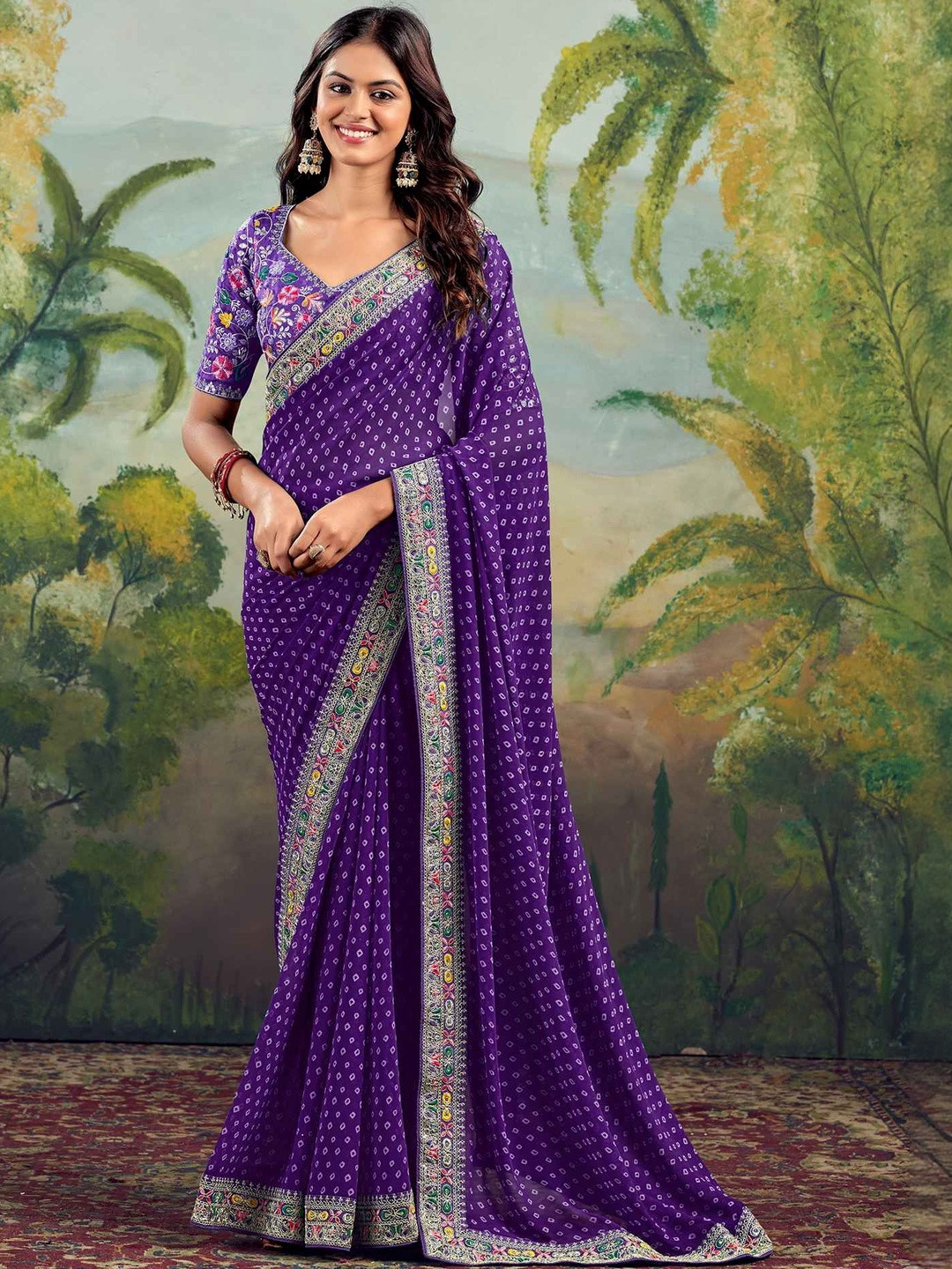 GO SRI SAREES Bandhani Printed Embroidered Saree