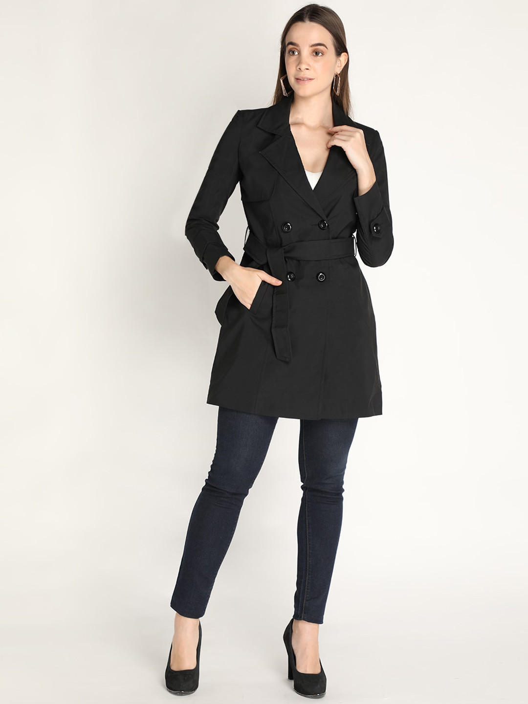 HONNETE Women Black Solid Trench Winter Coat
