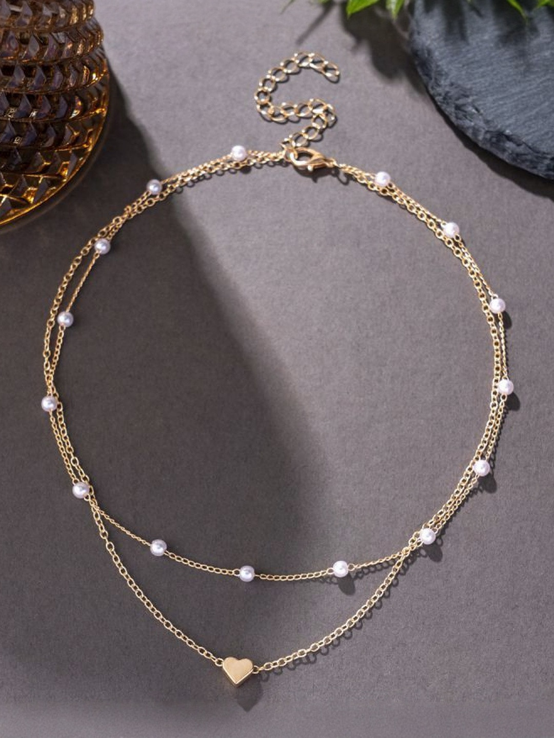 Stoln Gold-Plated Pearls Beaded Heart Double Layered Necklace