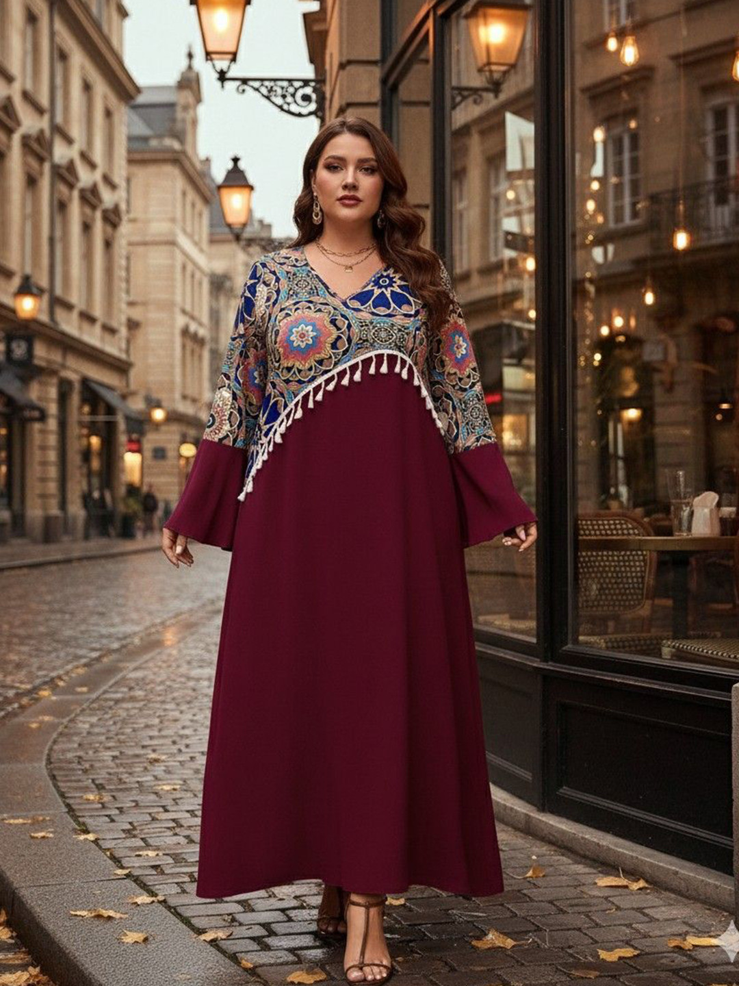 Sztori Plus Size Bohemian Print Bell Sleeve Fringed Kaftan Maxi Dress