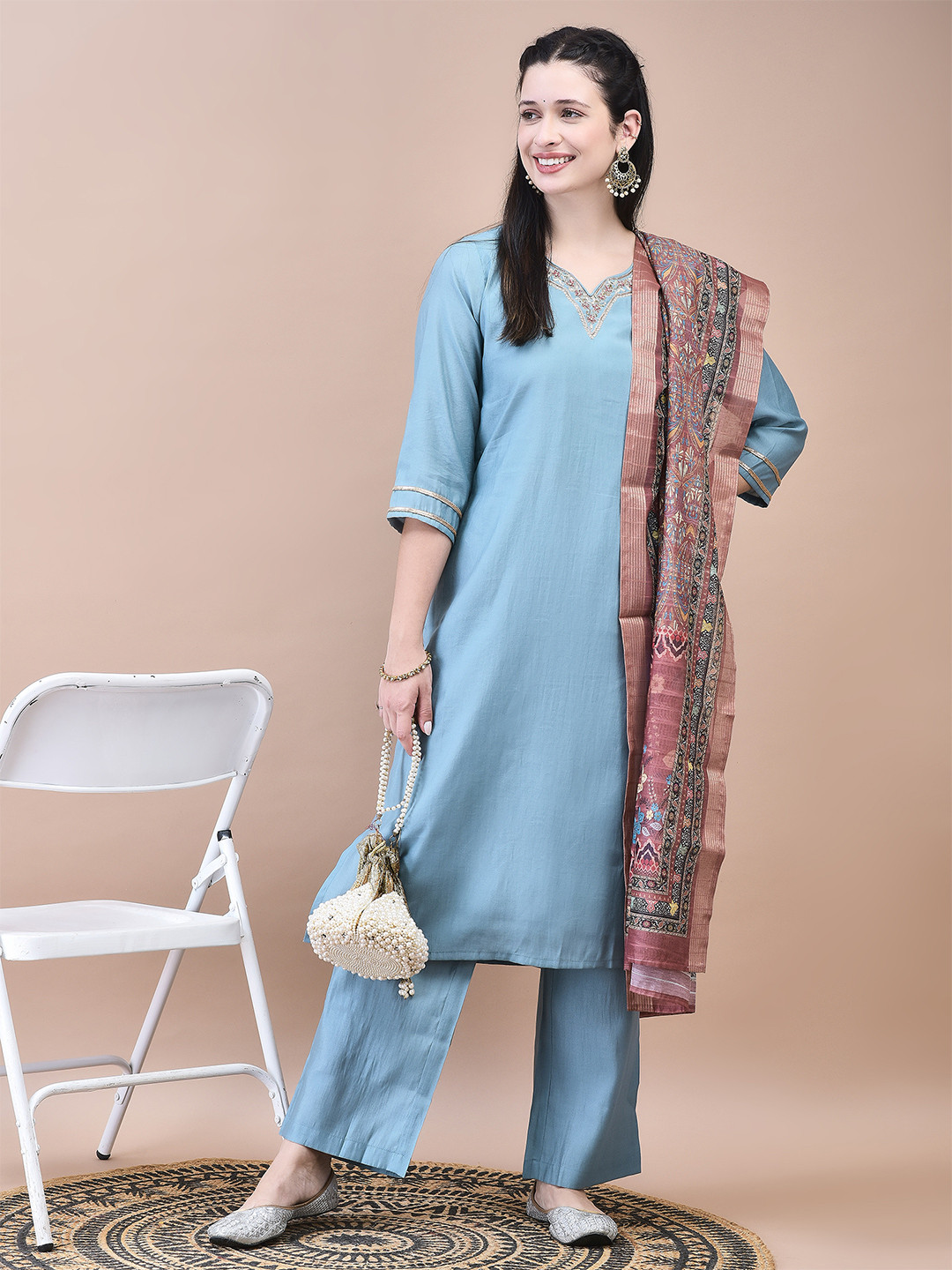 Shree Sweetheart Neck Regular Thread Work Liva Kurta With Trouser With Dupatta