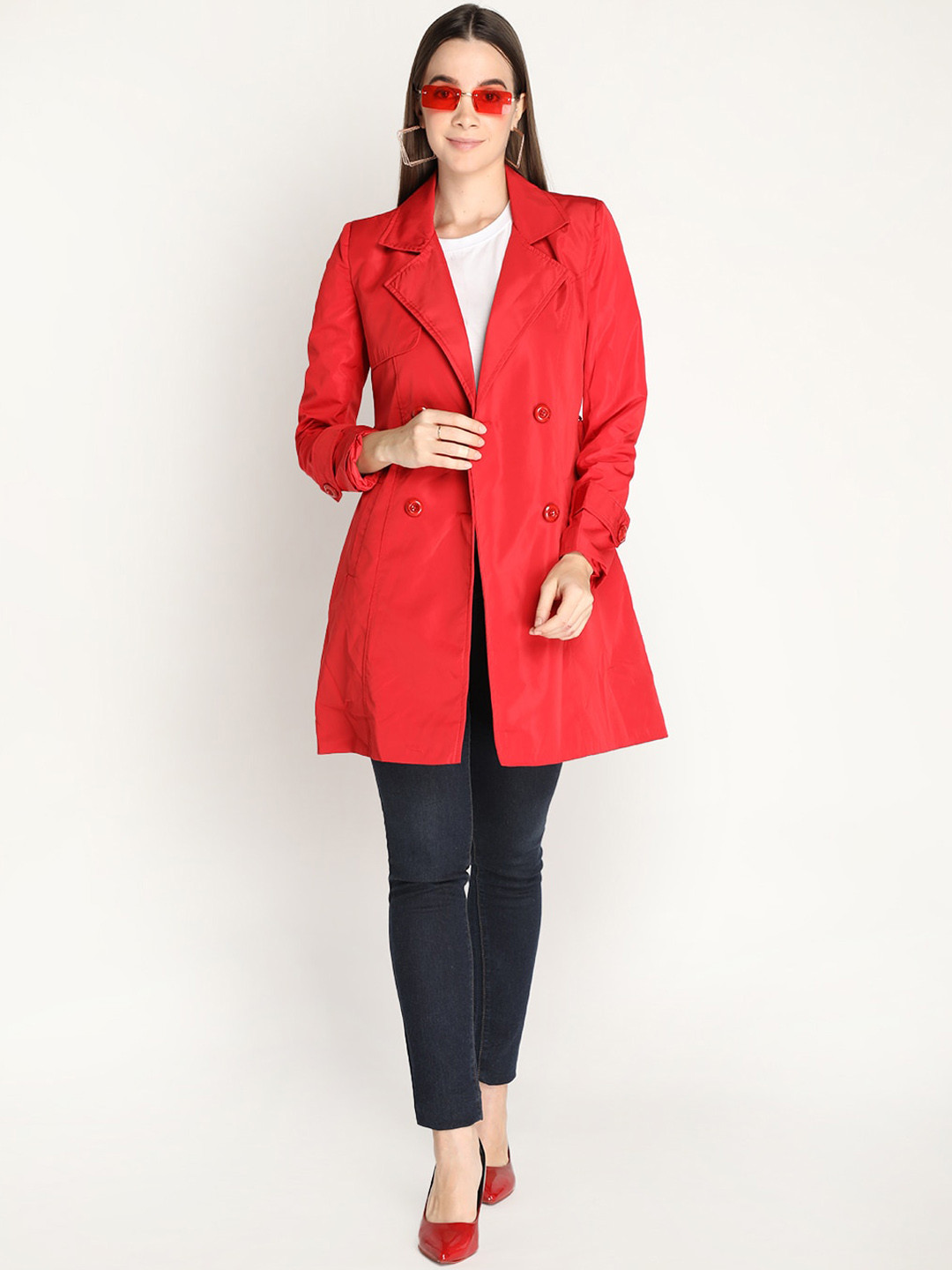 HONNETE Women Red Solid Trench Winter Coat