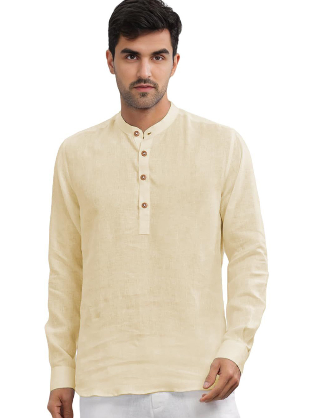 G S CREATIONS Band Collar Roll-Up Sleeves Straight Kurta
