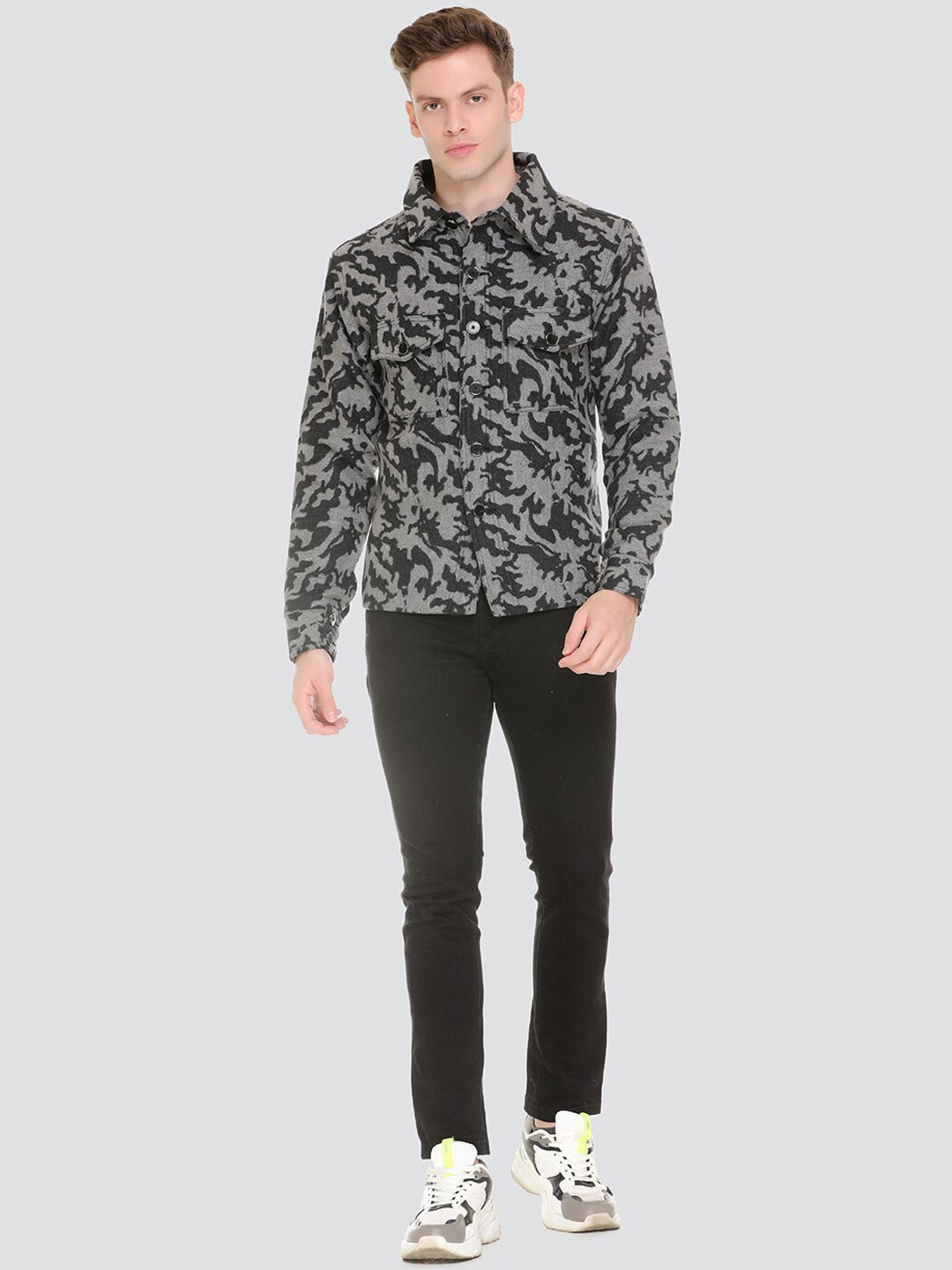 HONNETE  Grey Black Camouflage Lightweight Open Front Jacket