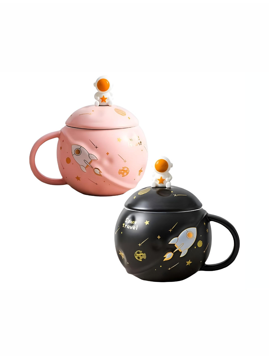 NOSCOMP Black & Pink Printed Ceramic Glossy Cups Set of Cups and Mugs