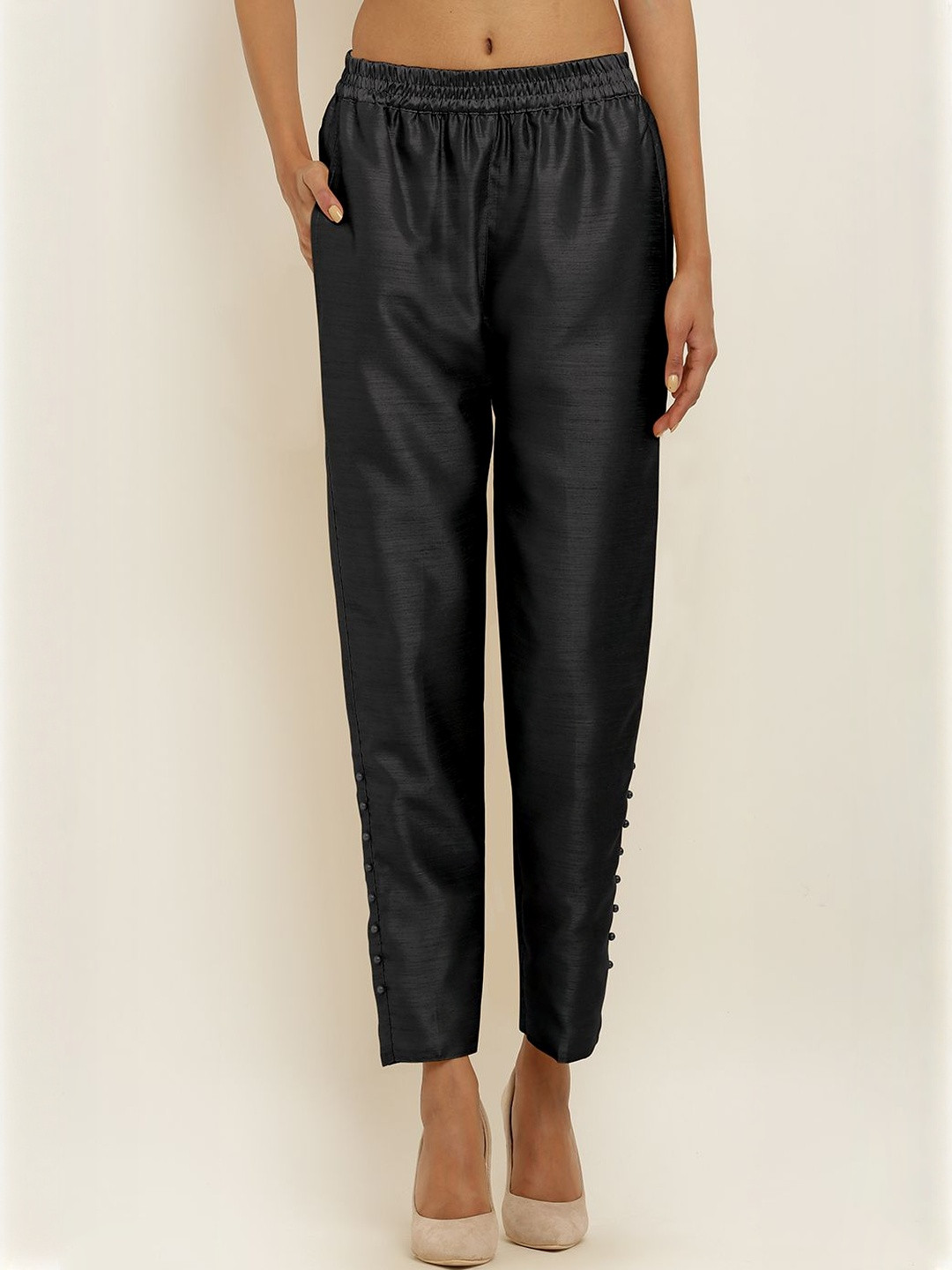 Moda Rapido Women Black Poly Silk Solid Regular Trousers